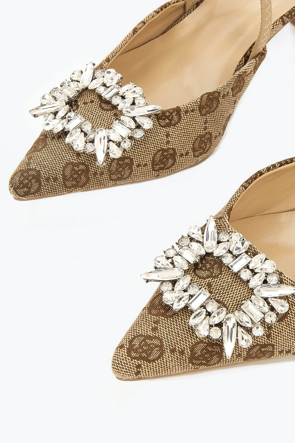 Pointed Toe Slingback Mules with Crystal Accent - Khaki