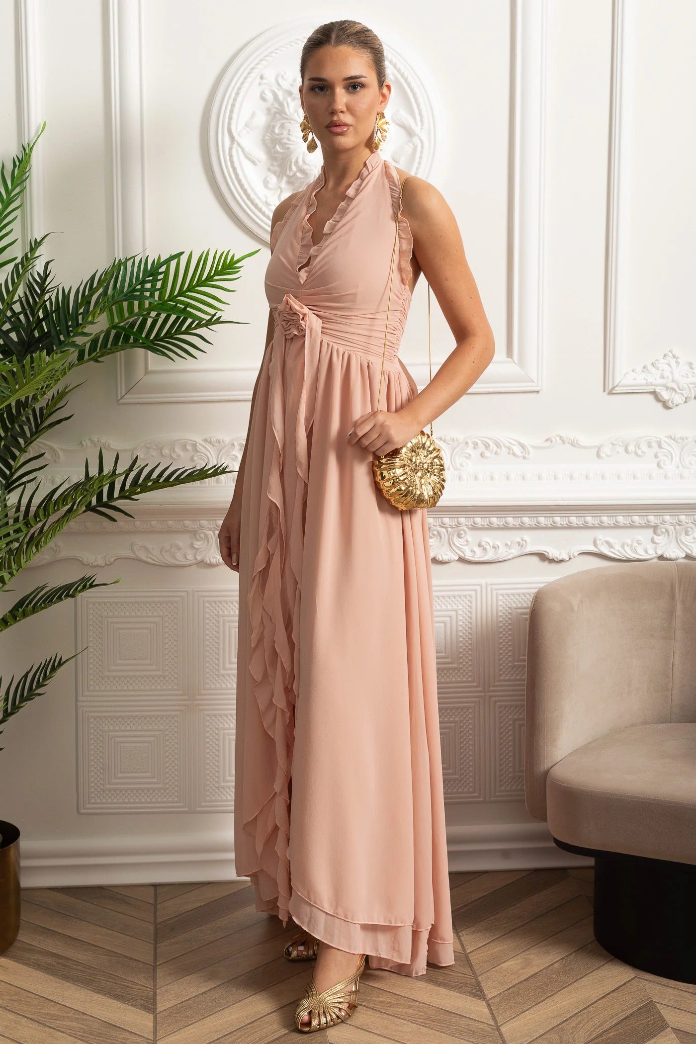 Ruffled Halter Maxi Dress With Rosette Detail - Pink