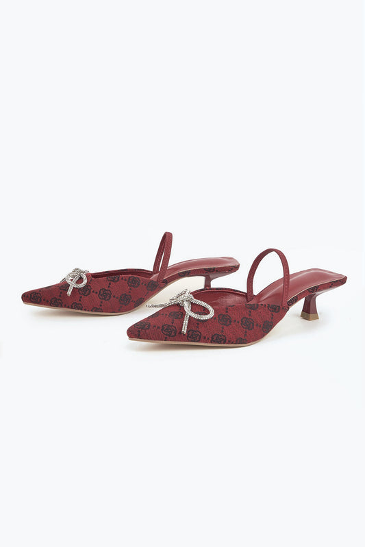 Pointed Toe Slingback Mules with Crystal Accent - Red