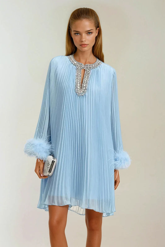 Pleated Mini Dress with Crystal Embellished and Feather Cuffs - Blue