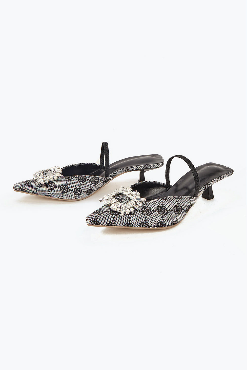 Pointed Toe Slingback Mules with Crystal Accent - Black
