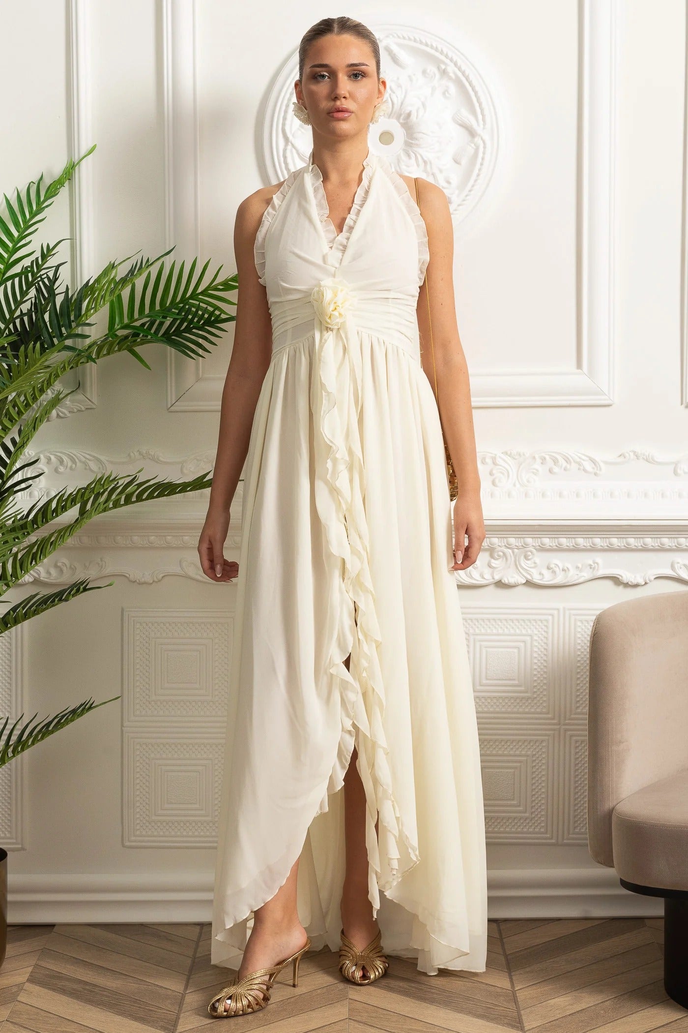 Ruffled Halter Maxi Dress With Rosette Detail - White