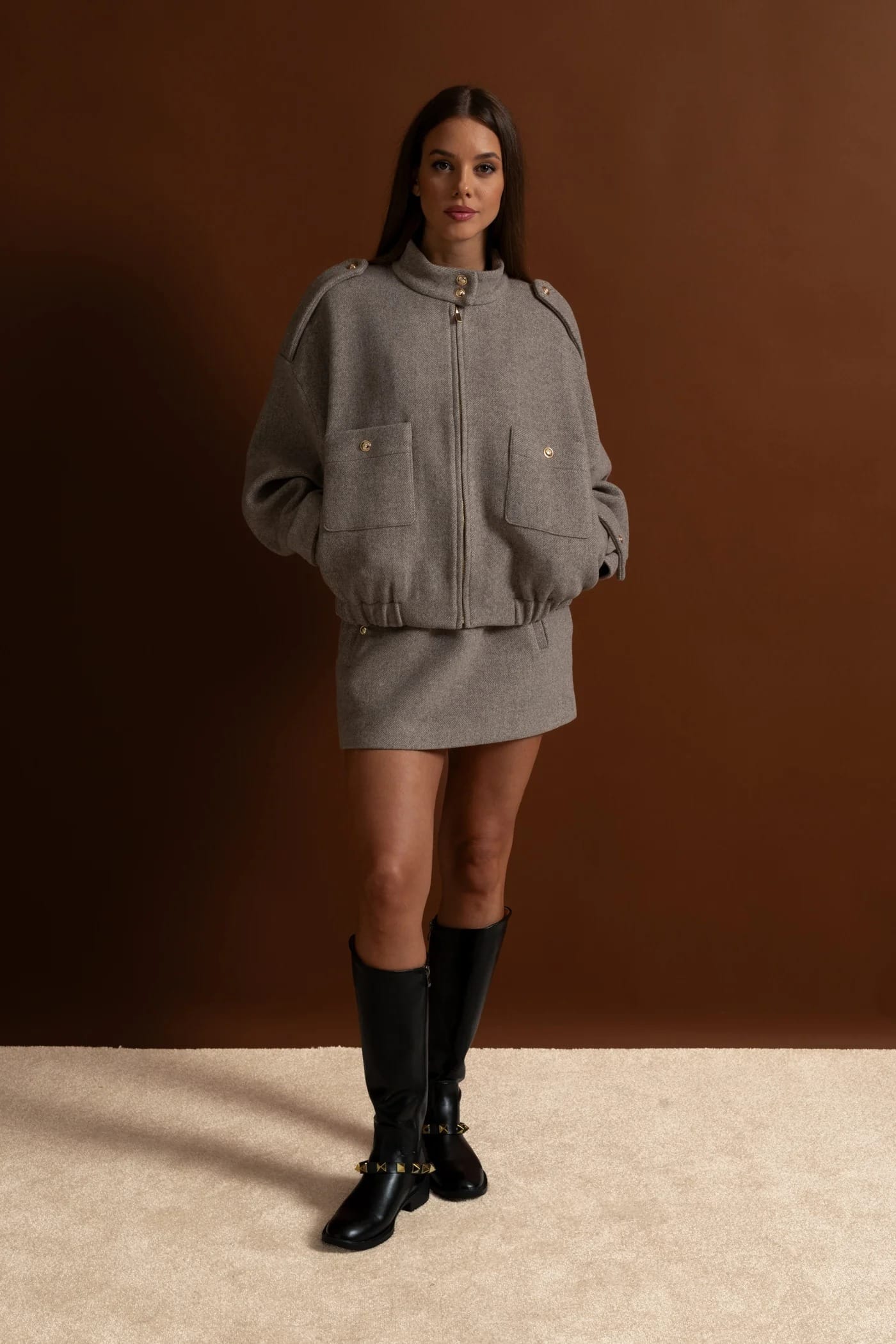 Two-Piece Set with High Neck Jacket and Mini Skirt - Gray