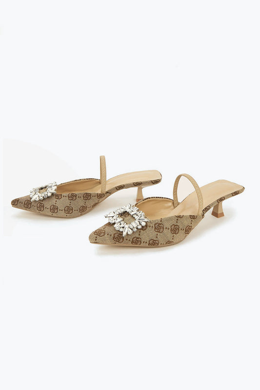 Pointed Toe Slingback Mules with Crystal Accent - Khaki
