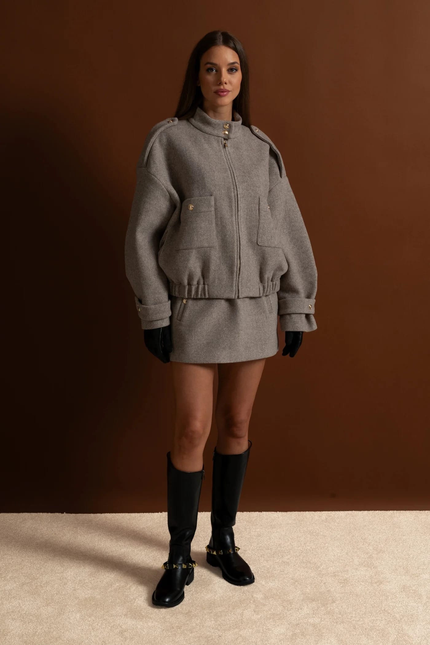 Two-Piece Set with High Neck Jacket and Mini Skirt - Gray