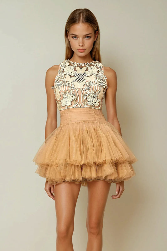 Mini Dress with Sheer Embroidered Top and Layered Skirt - Yellow
