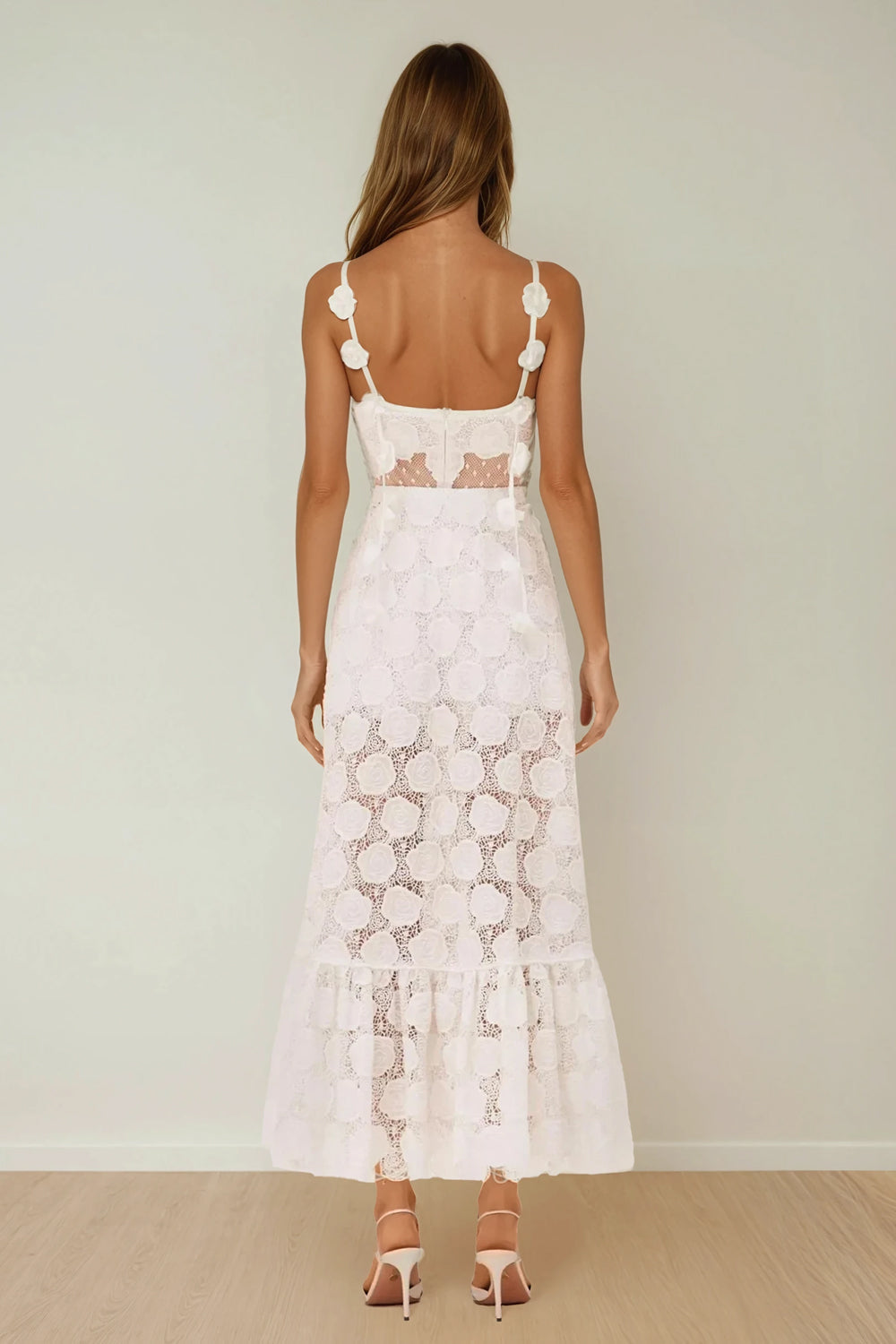 Sleeveless Floral Lace Maxi Dress - White