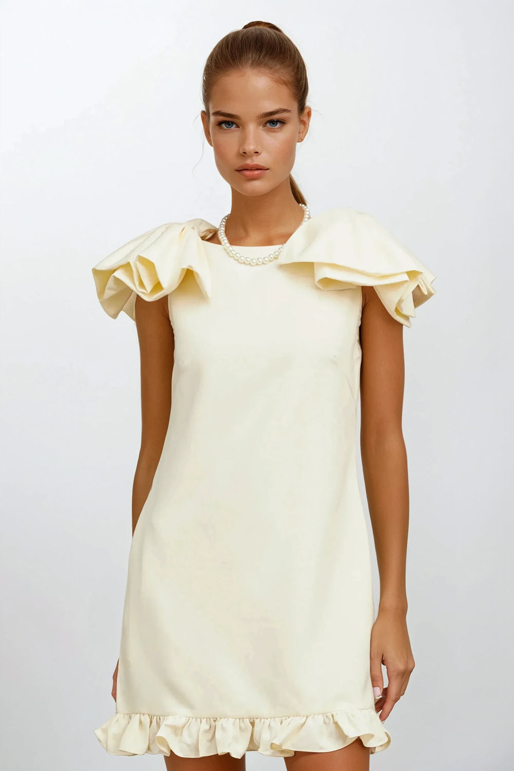 Ruffled Boat Neckline Mini Dress with Ribbon Shoulder Accent - Apricot