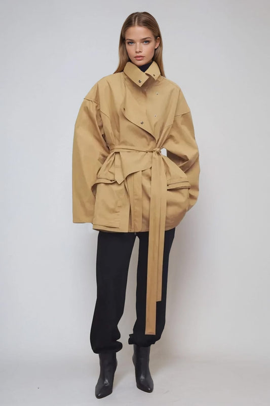 Belted High Neck Oversized Jacket - Brown