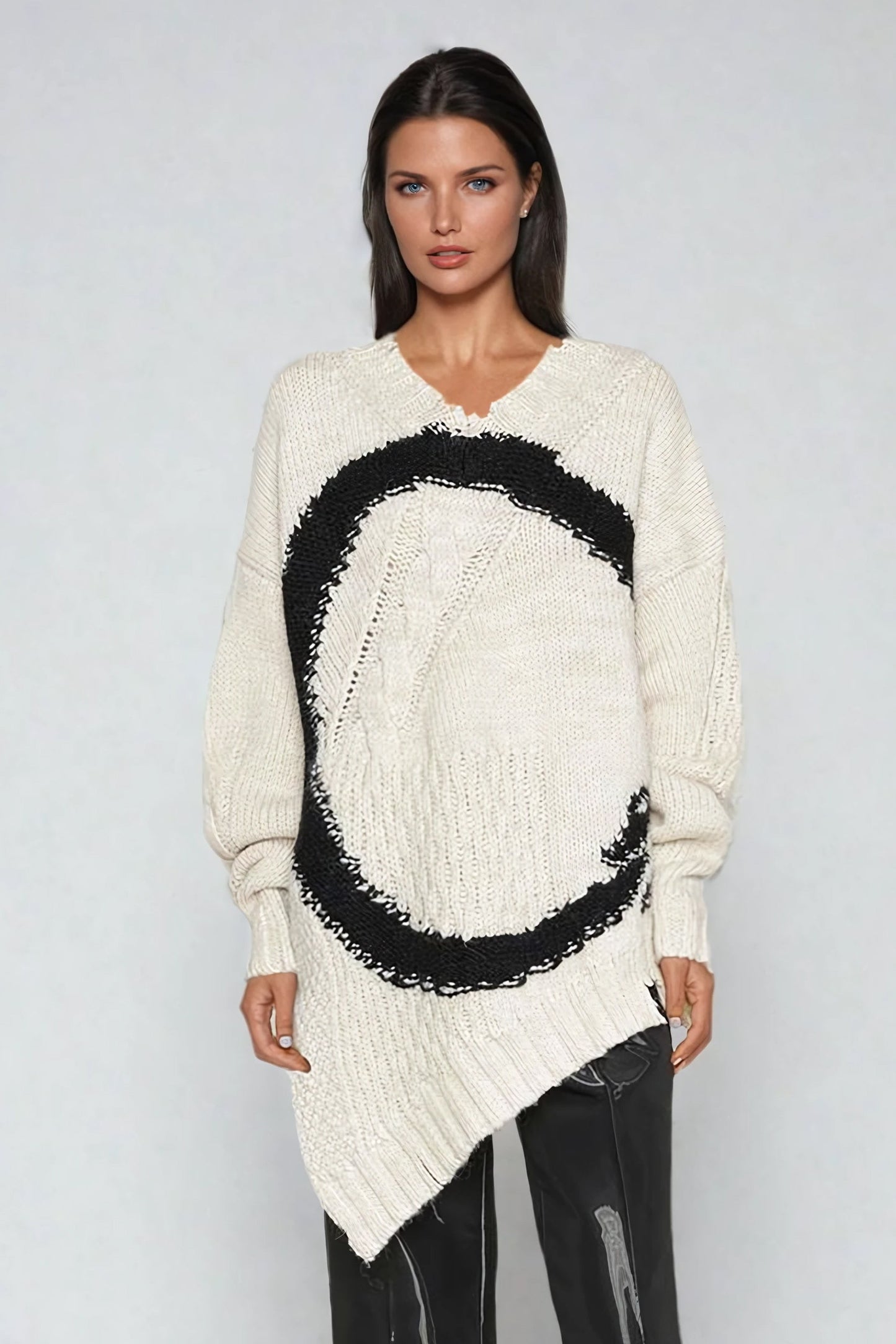 Asymmetrical Knit Sweater with Textured Cable Detail - Beige