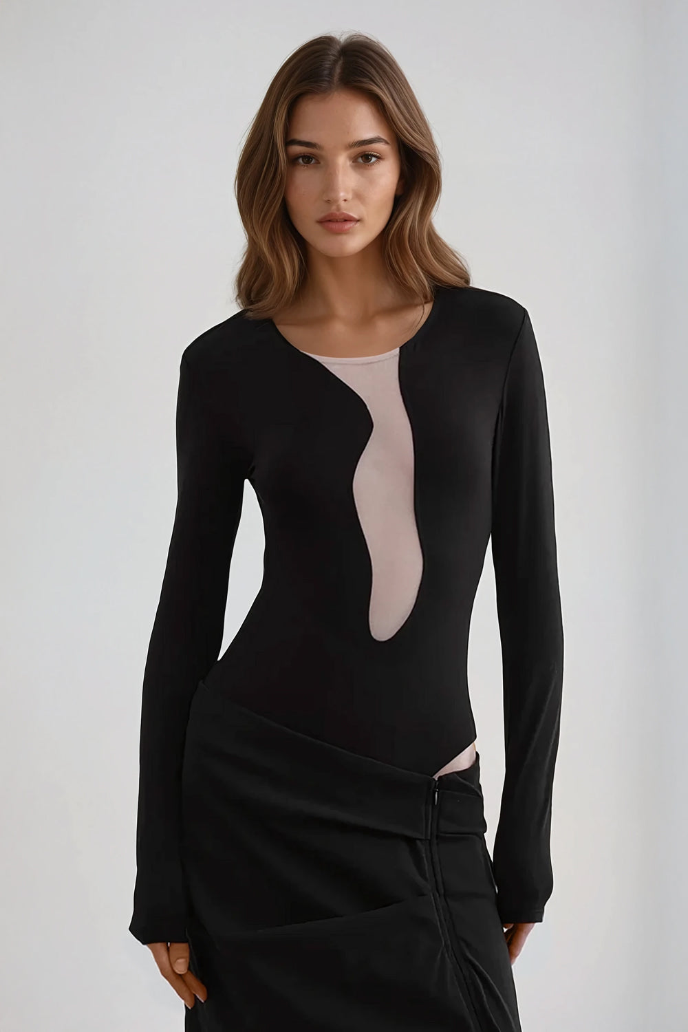 Long Sleeve Bodysuit with Sheer Mesh Detail - Black