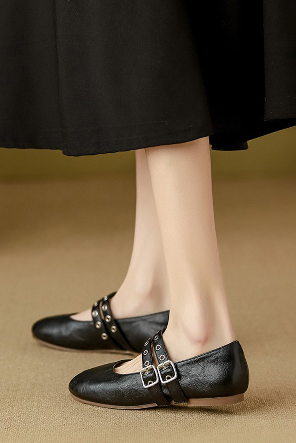 Double Strap Buckle Detail Ballerina Flats - Black