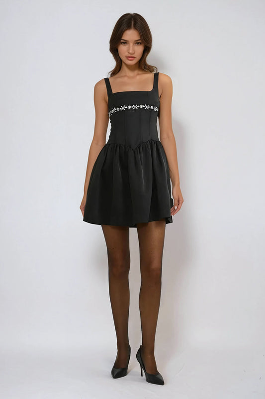 Embellished Square Neckline Mini Dress - Black