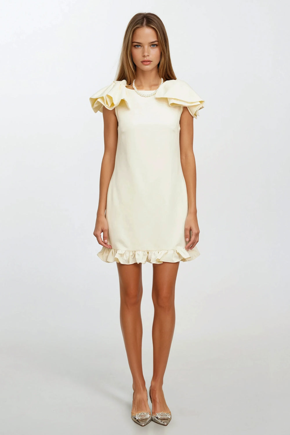 Ruffled Boat Neckline Mini Dress with Ribbon Shoulder Accent - Apricot