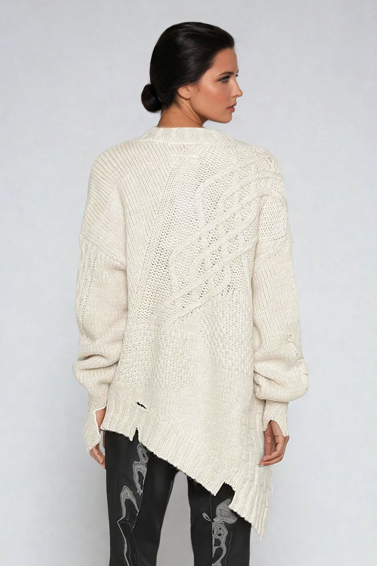 Asymmetrical Knit Sweater with Textured Cable Detail - Beige