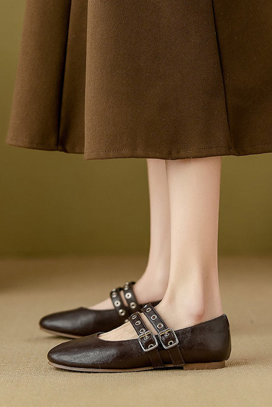 Double Strap Buckle Detail Ballerina Flats - Brown