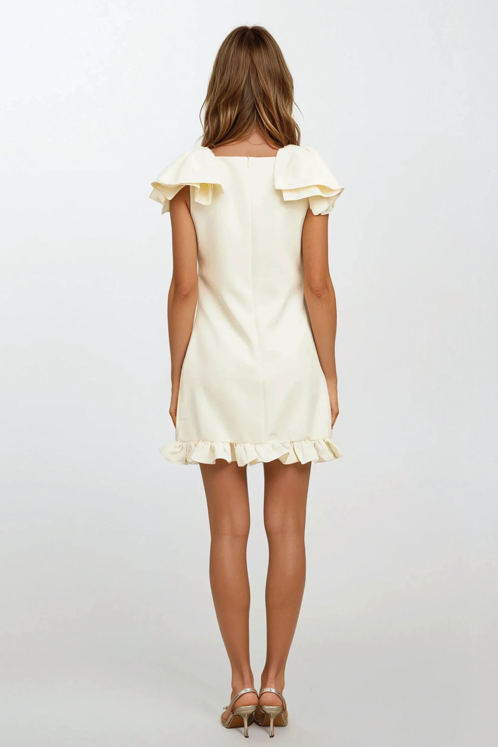 Ruffled Boat Neckline Mini Dress with Ribbon Shoulder Accent - Apricot