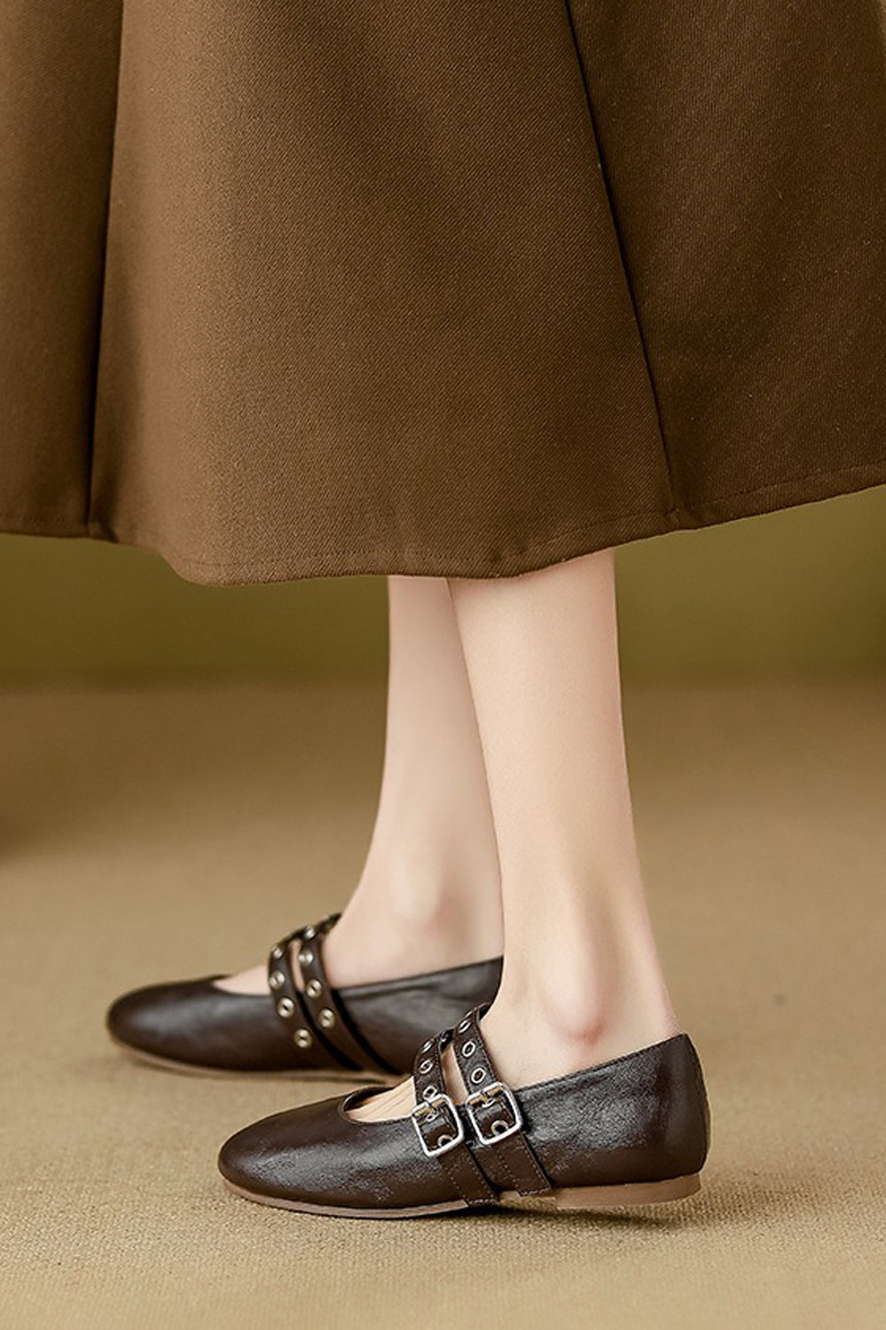 Double Strap Buckle Detail Ballerina Flats - Brown