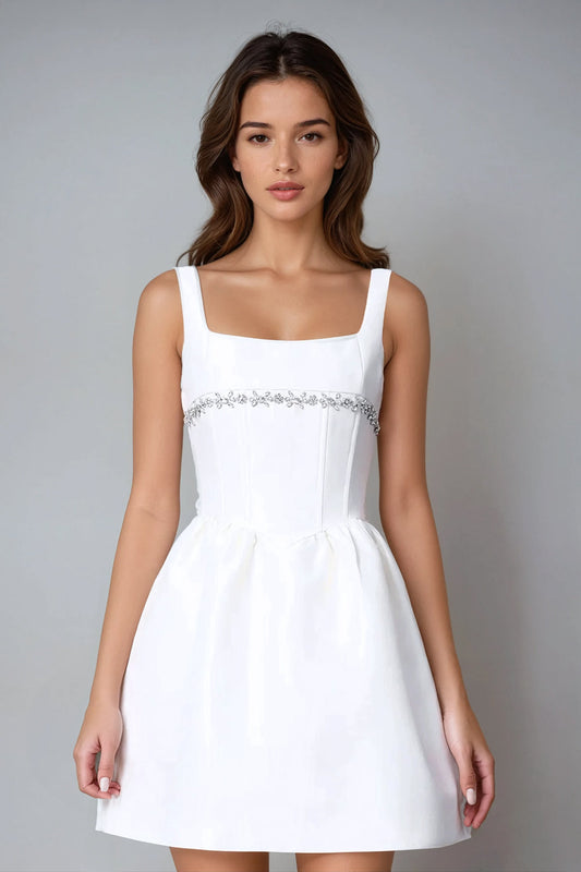 Embellished Square Neckline Mini Dress - White