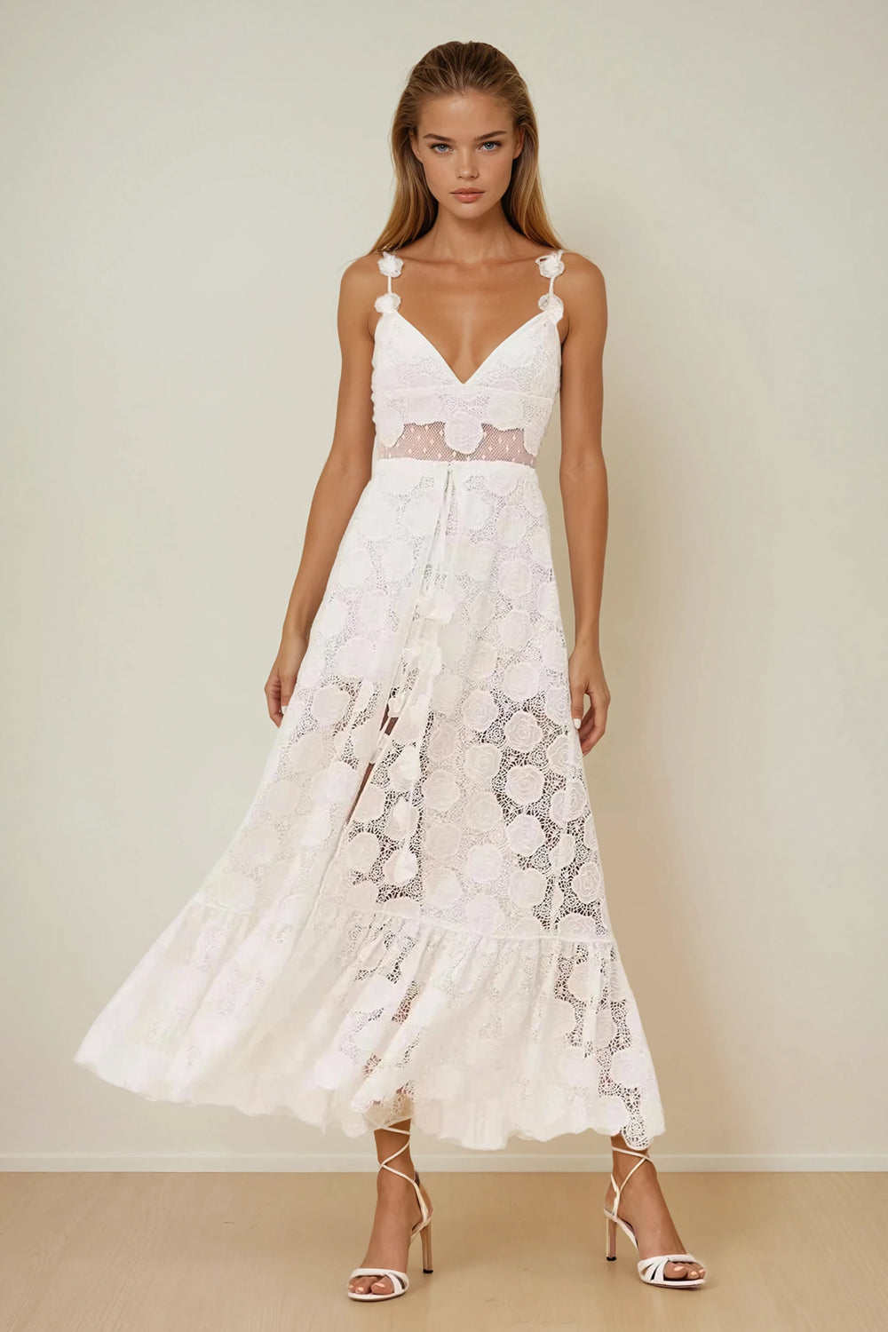 Sleeveless Floral Lace Maxi Dress - White