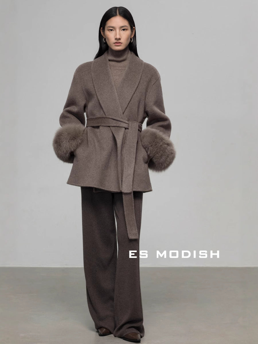 Belted Wrap Coat with Faux Fur Cuff Details - Brown