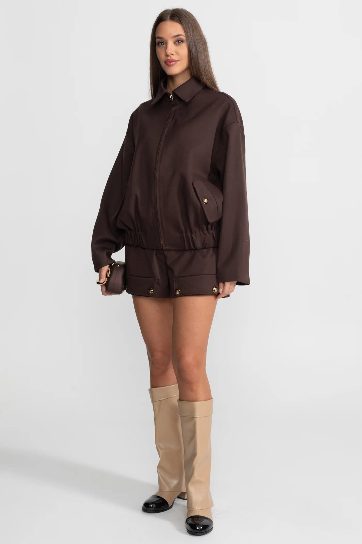Two-Piece Set with Zip-Up Jacket and Shorts - Brown