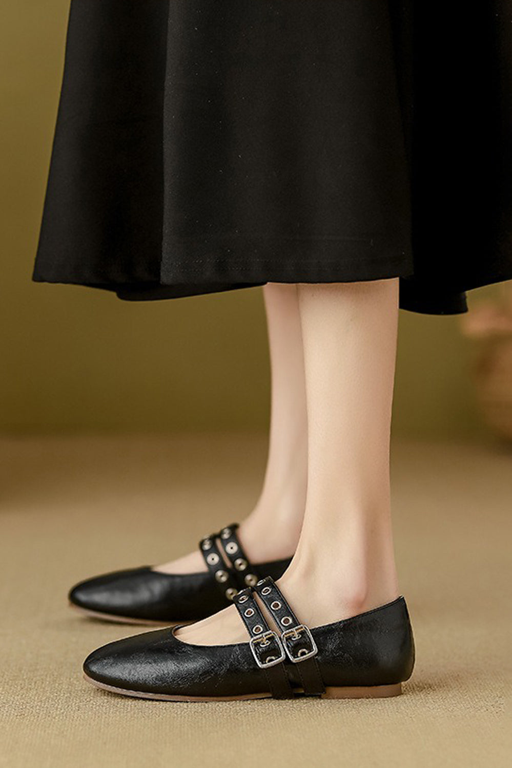 Double Strap Buckle Detail Ballerina Flats - Black