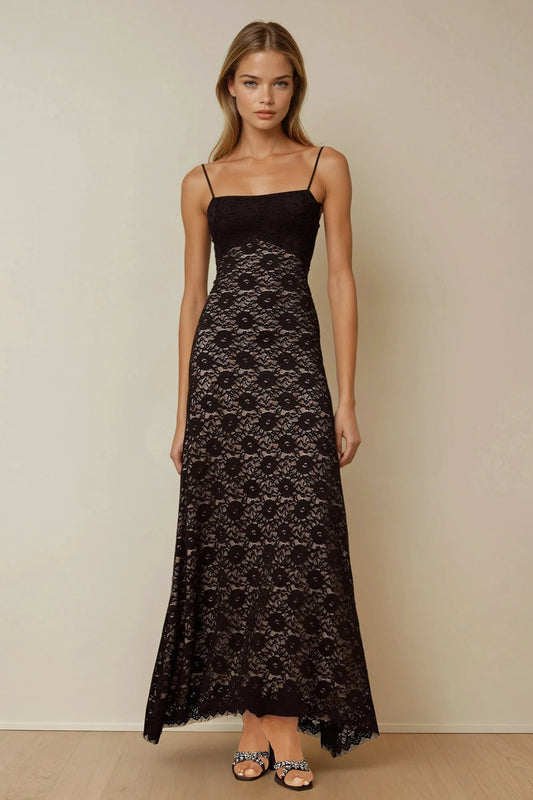 Lace Maxi Dress with Open Back Tie Detail - Black