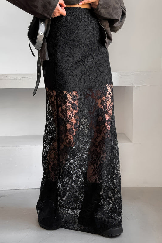 High-Waisted Lace Maxi Skirt - Black