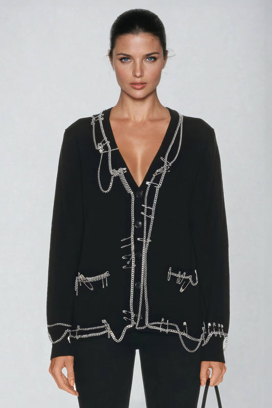 Button-Up Cardigan with Chain Embellishments and Distressed Hem - Black