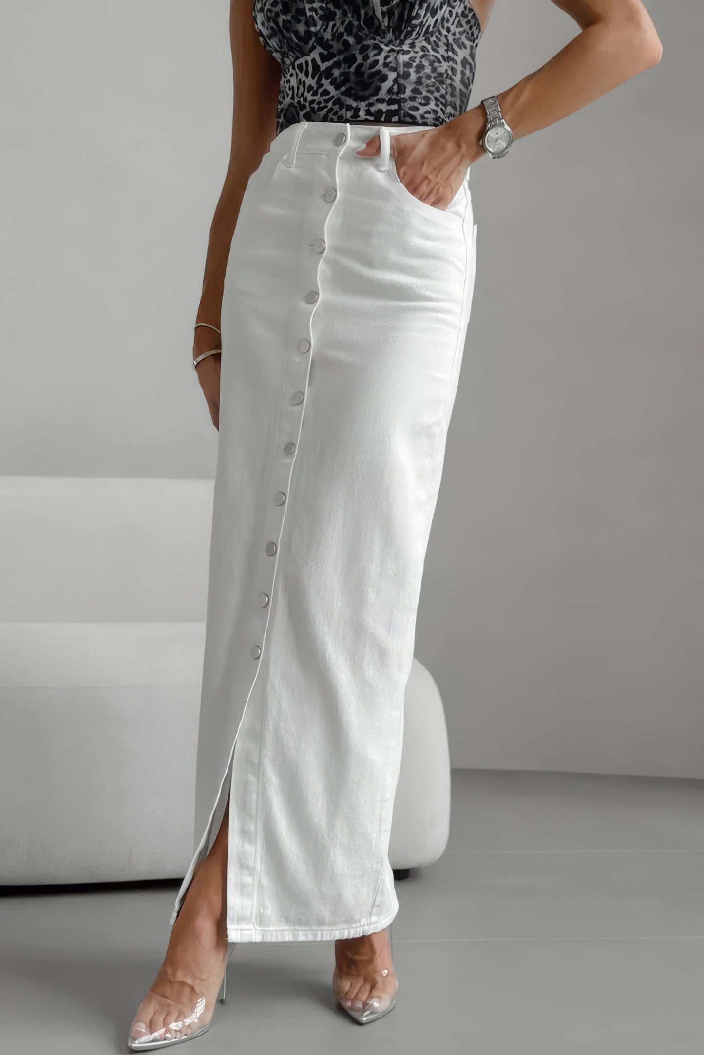 High-Waisted Button-Front Denim Maxi Skirt - White