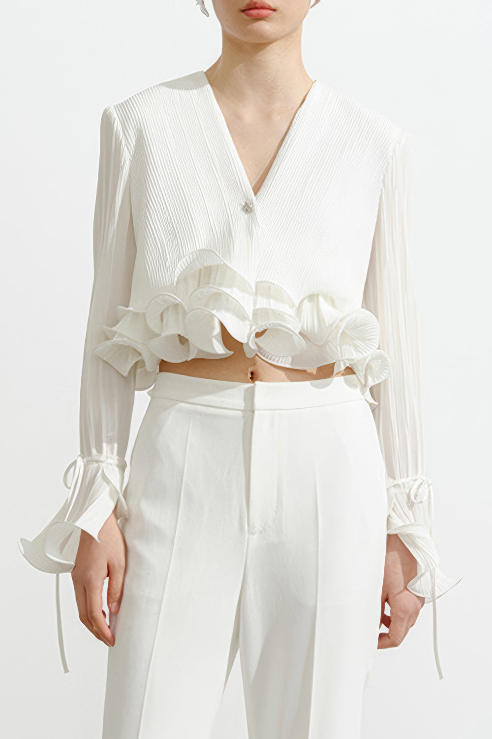 Cropped V-Neck Top with Ruffled Hem - White