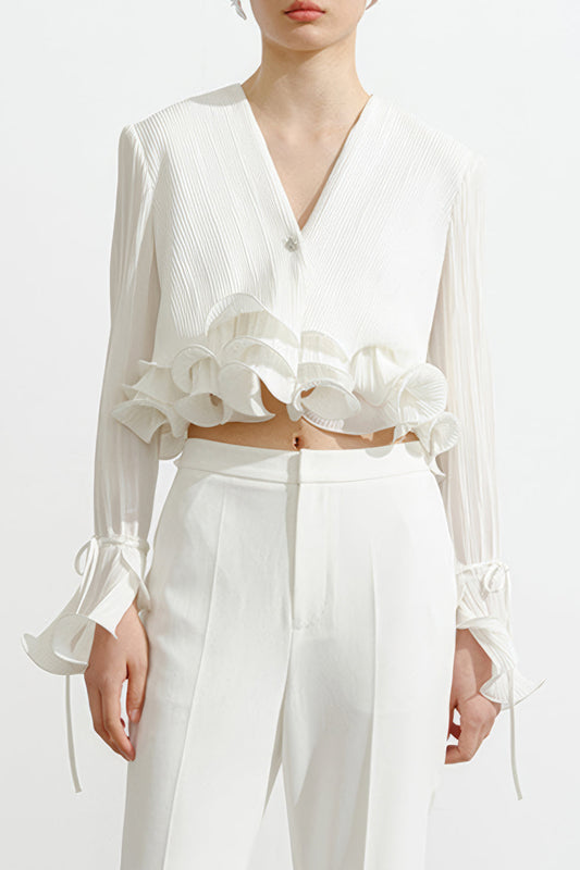 Cropped V-Neck Top with Ruffled Hem - White
