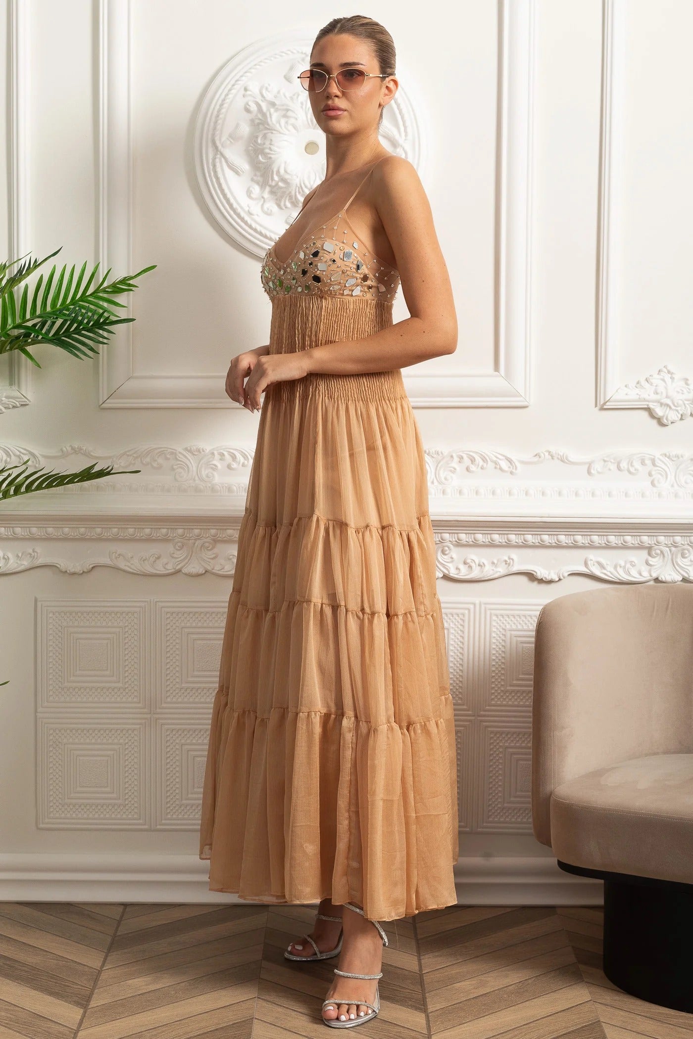 Embellished Tiered Maxi Dress With Sheer Bodice - Beige
