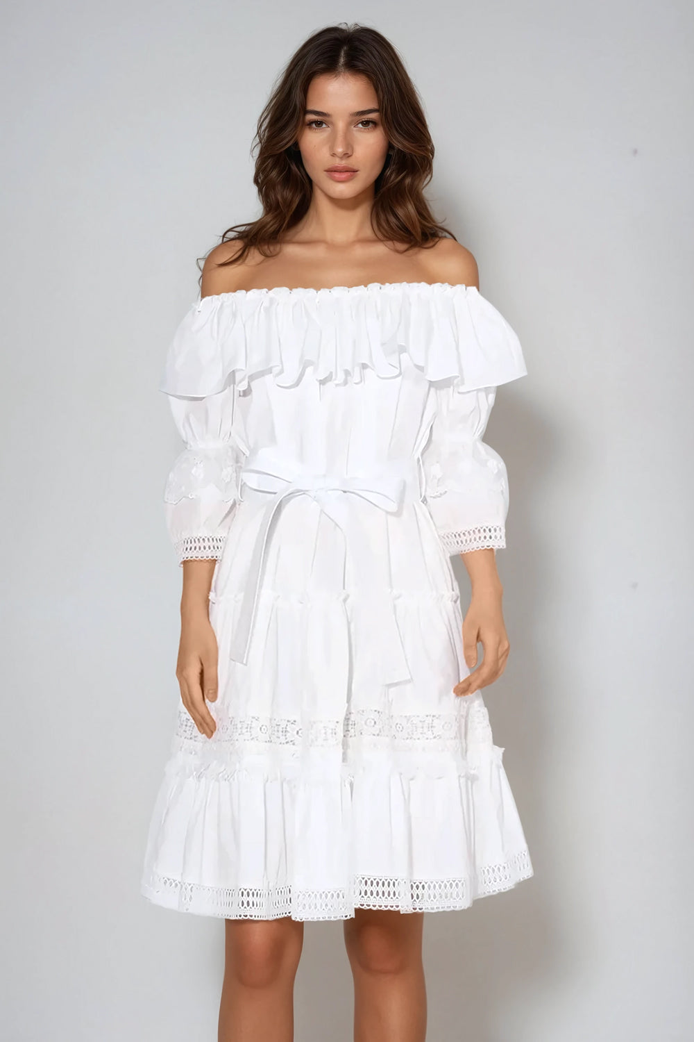 Off-Shoulder Tiered Midi Dress - White