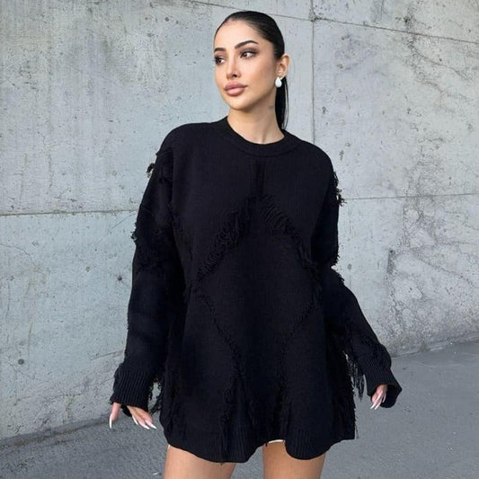 Distressed Fringe-Detail Knit Sweater - Black