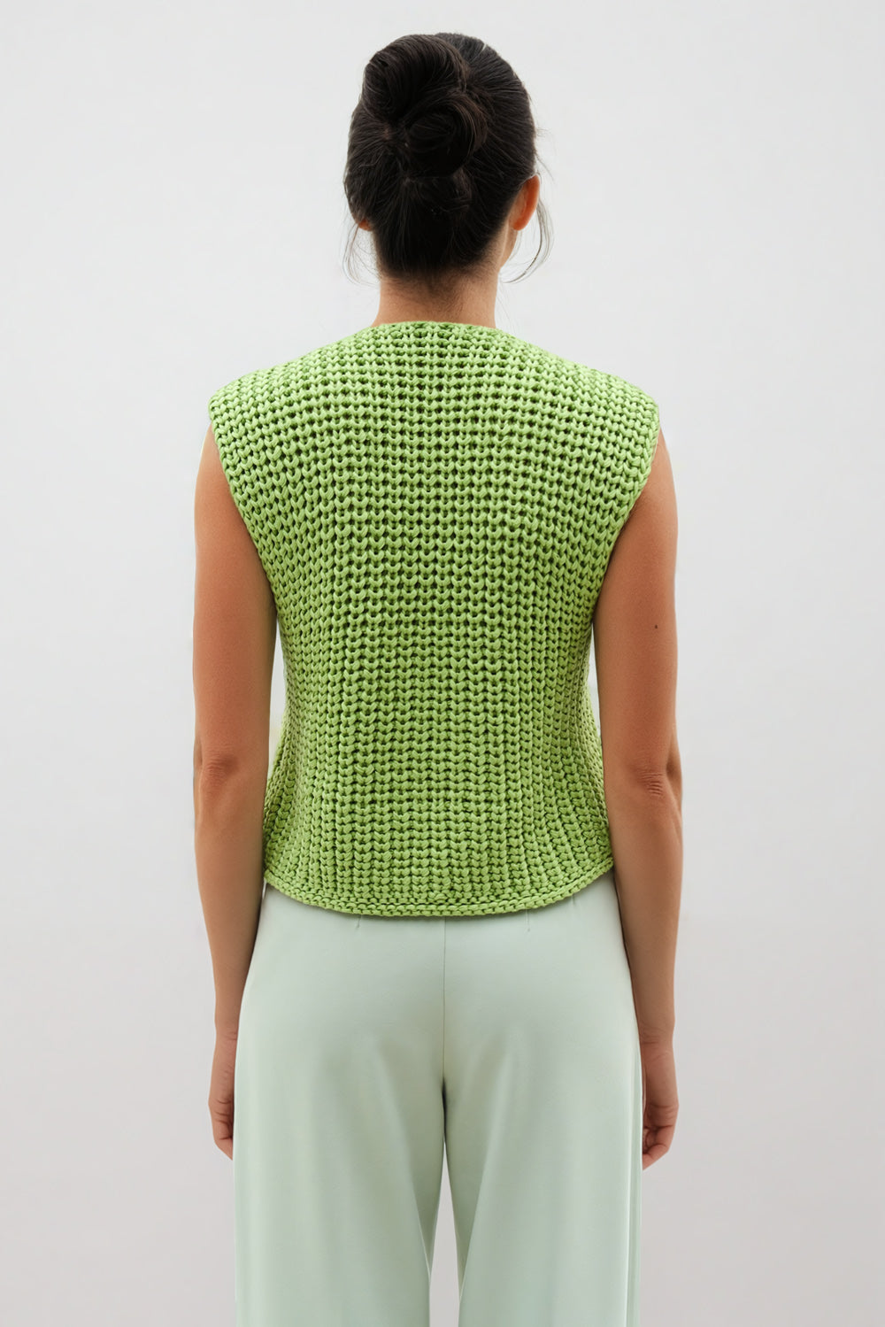 Knitted Sleeveless Top with Golden Buttons - Green