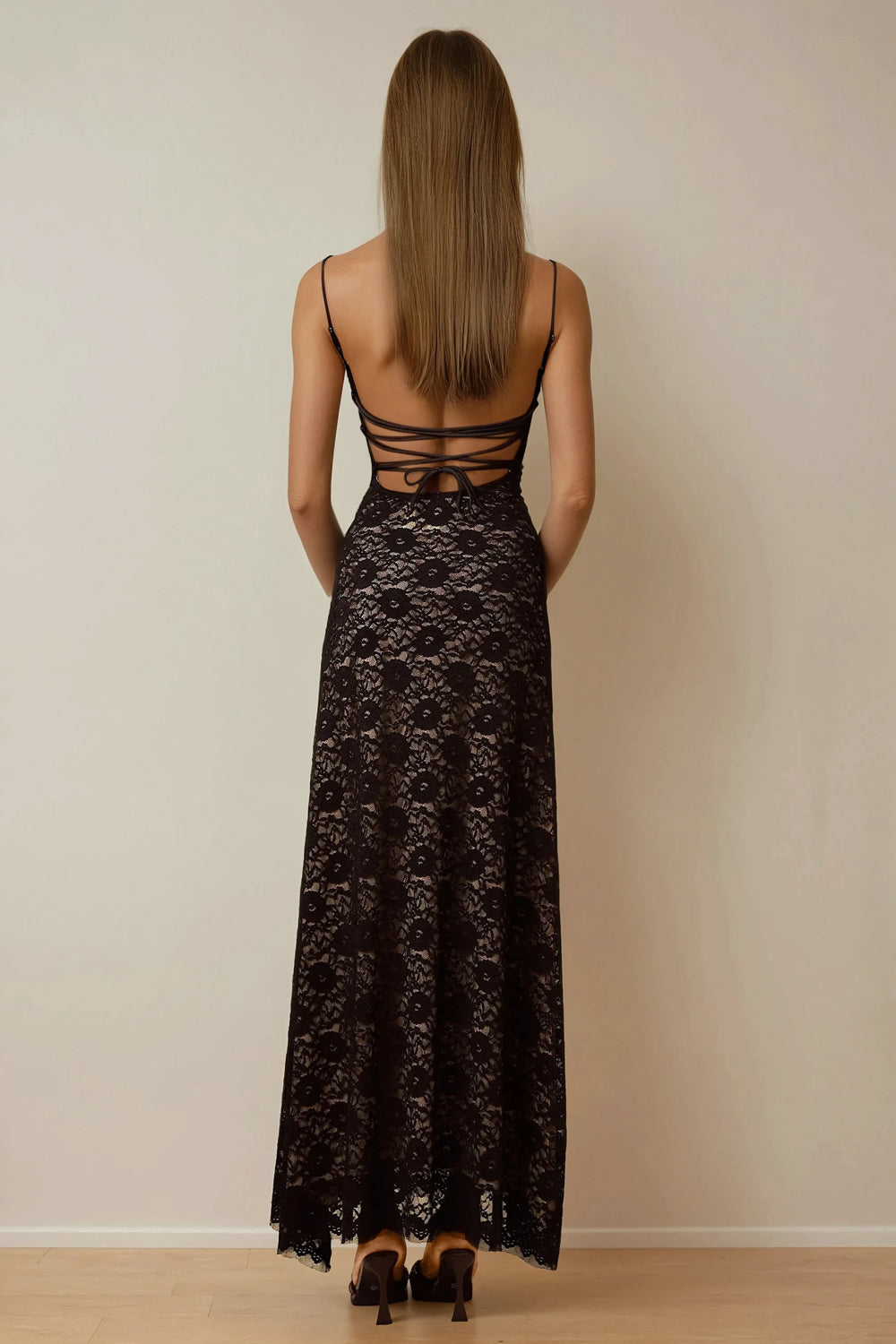 Lace Maxi Dress with Open Back Tie Detail - Black