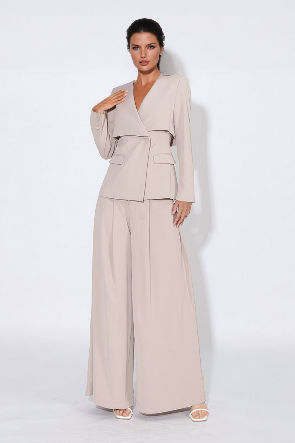 Stylish Blazer and Wide Leg Trousers Set - Beige