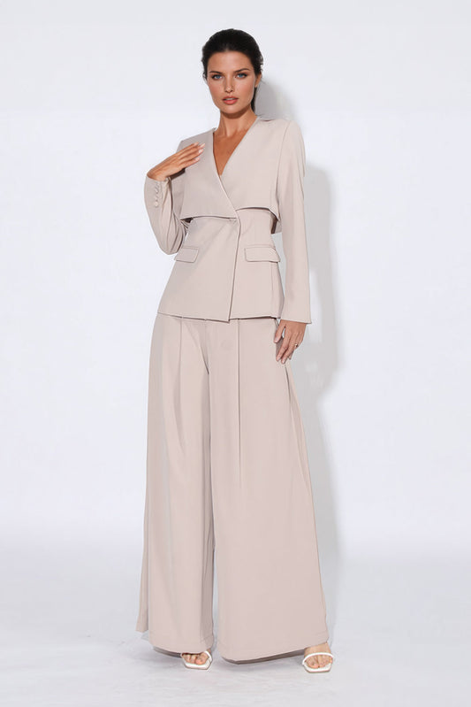 Stylish Blazer and Wide Leg Trousers Set - Beige