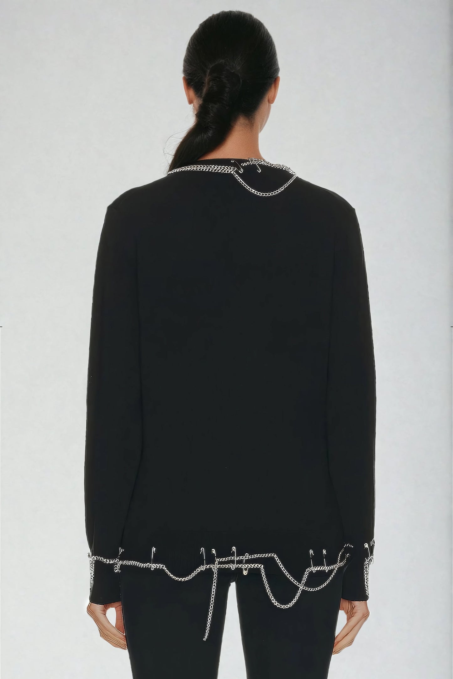 Button-Up Cardigan with Chain Embellishments and Distressed Hem - Black