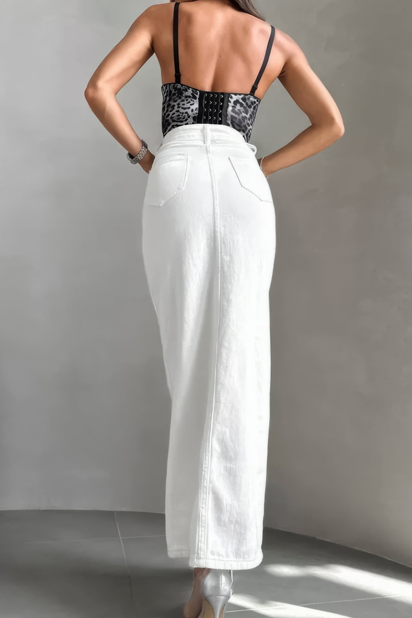 High-Waisted Button-Front Denim Maxi Skirt - White