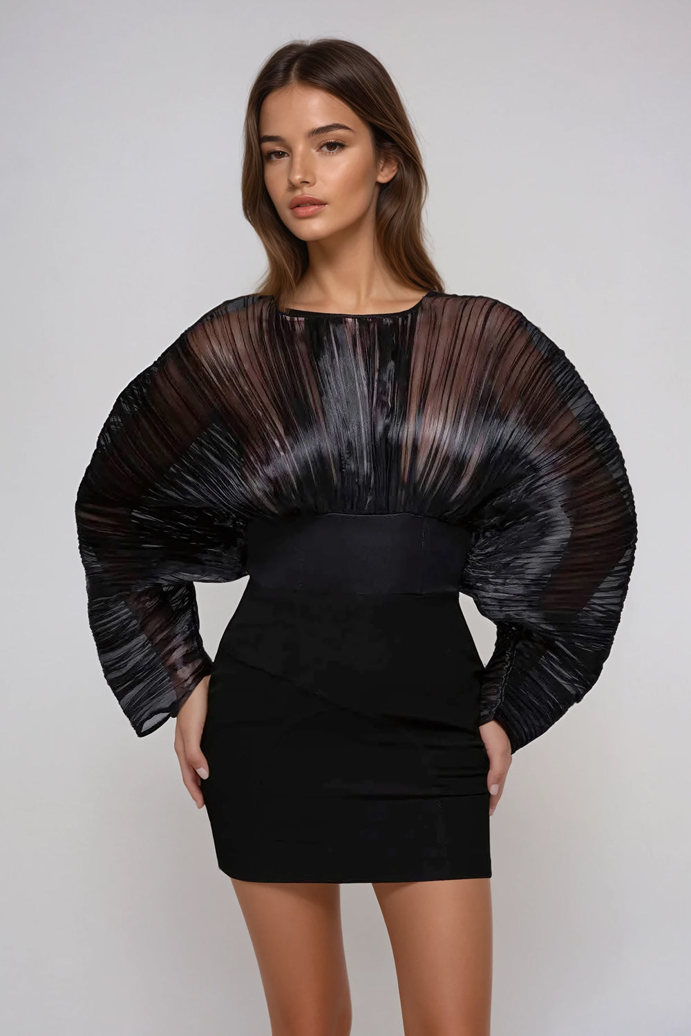 Mini Dress with Sheer Pleated Sleeves and Fitted Bodice - Black