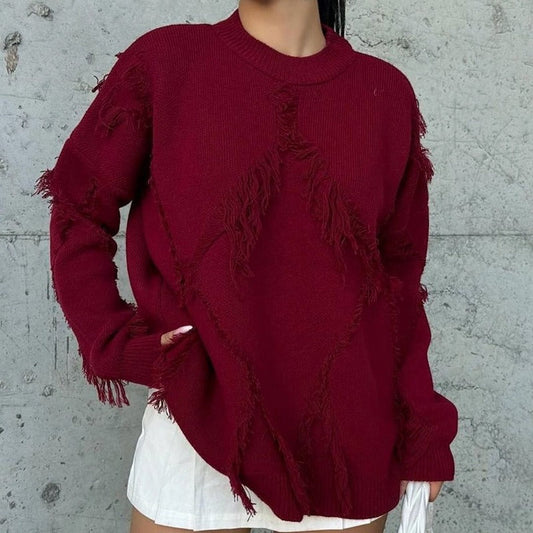 Distressed Fringe-Detail Knit Sweater - Red