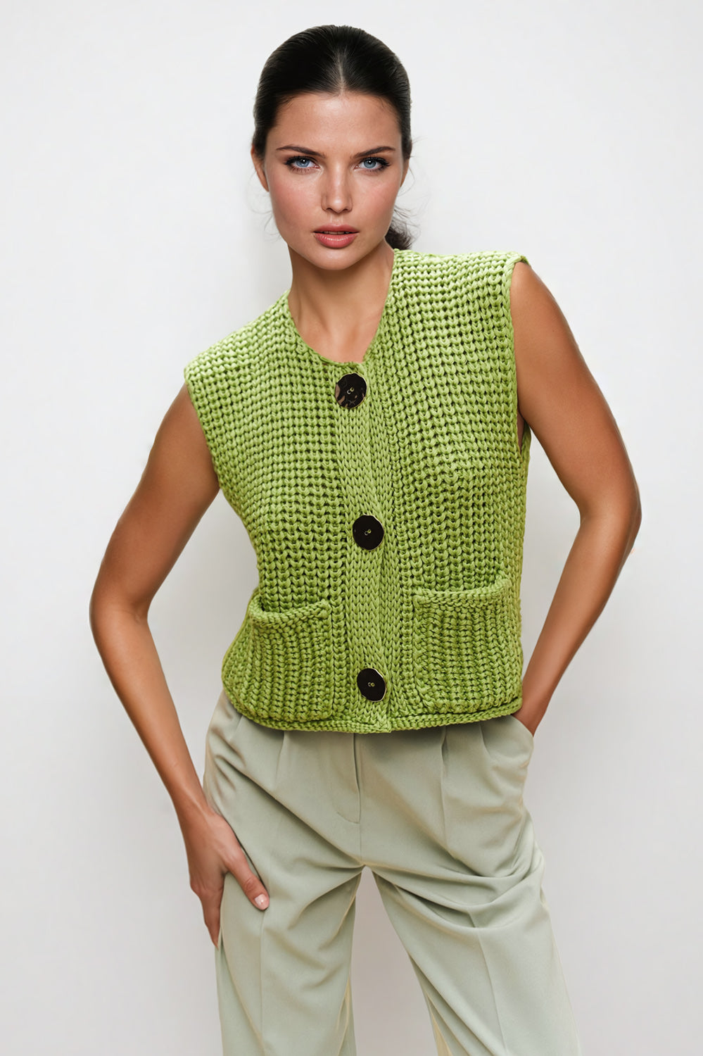 Knitted Sleeveless Top with Golden Buttons - Green