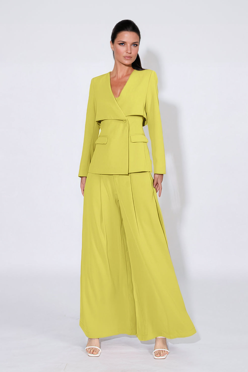 Stylish Blazer and Wide Leg Trousers Set - Yellow