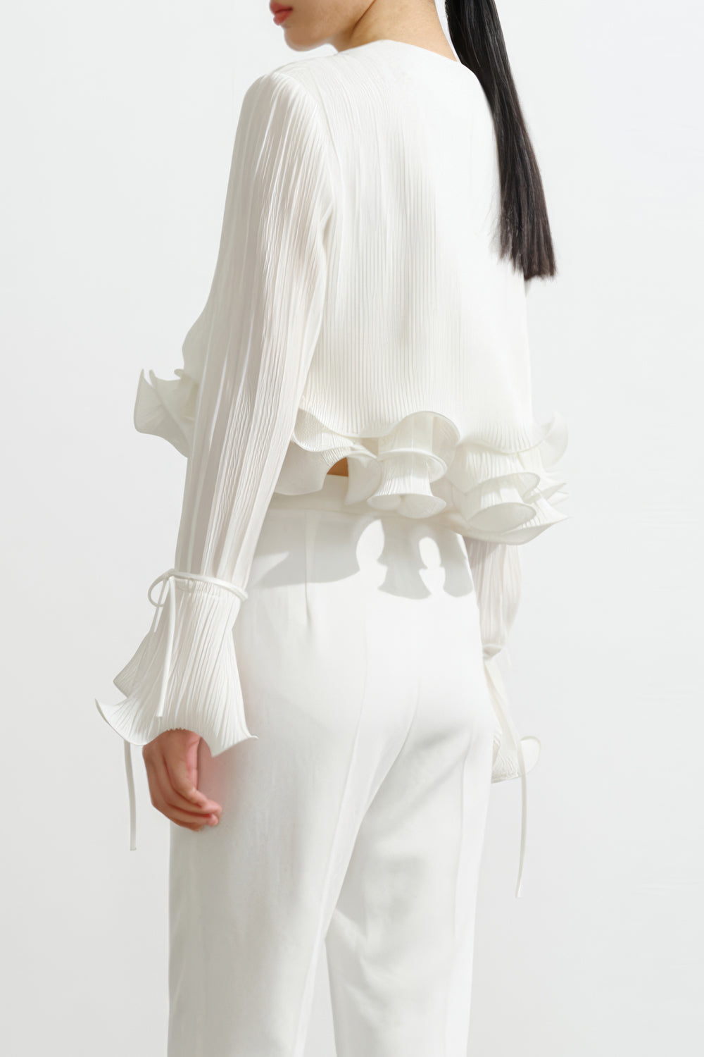Cropped V-Neck Top with Ruffled Hem - White