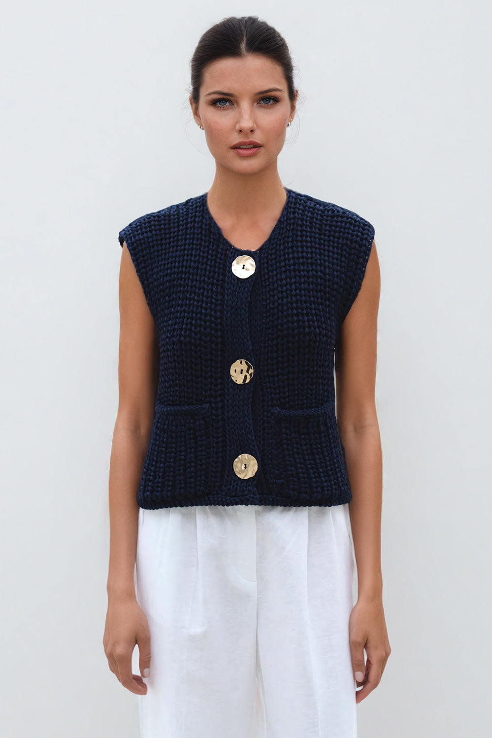 Knitted Sleeveless Top with Golden Buttons - Navy Blue