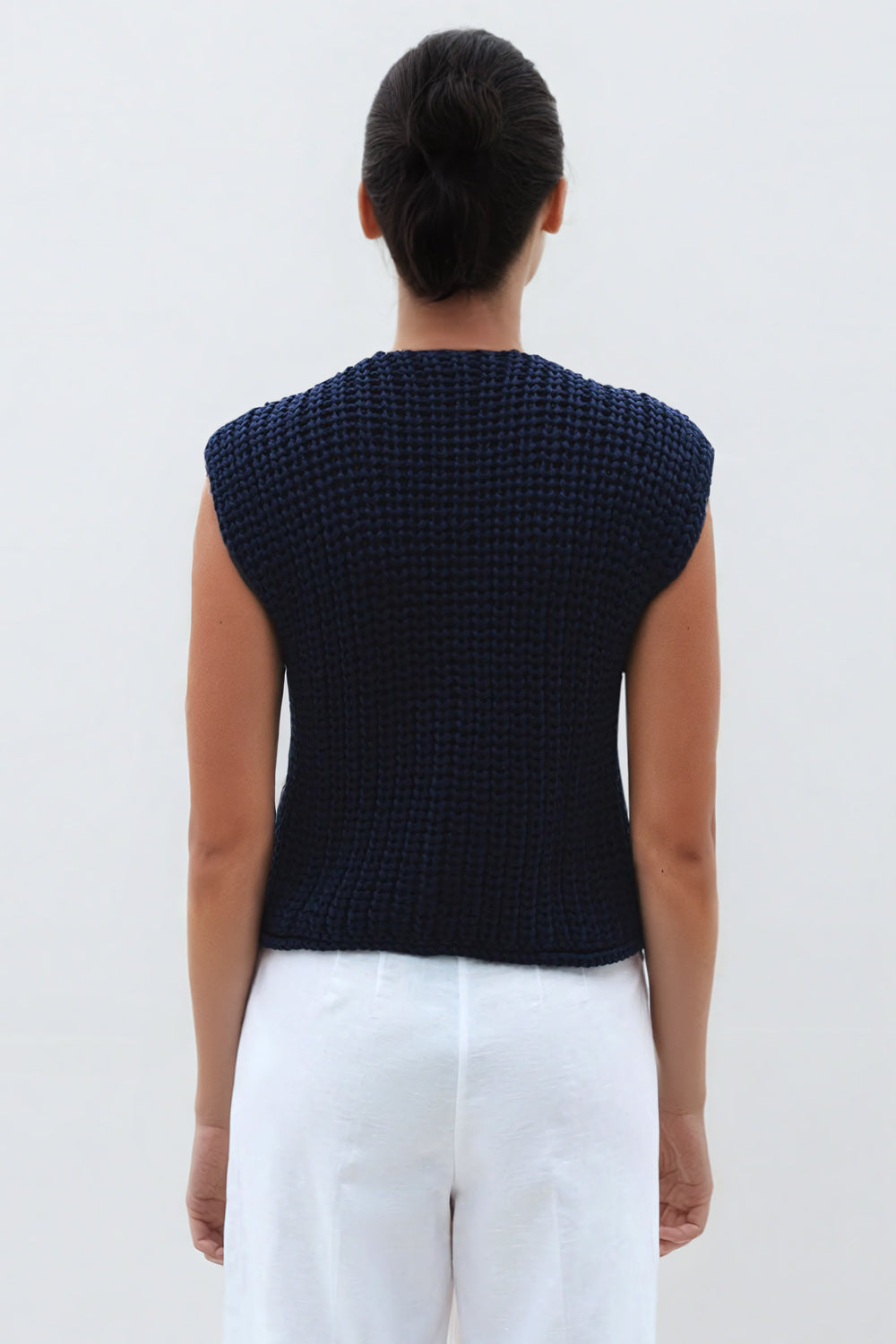 Knitted Sleeveless Top with Golden Buttons - Navy Blue