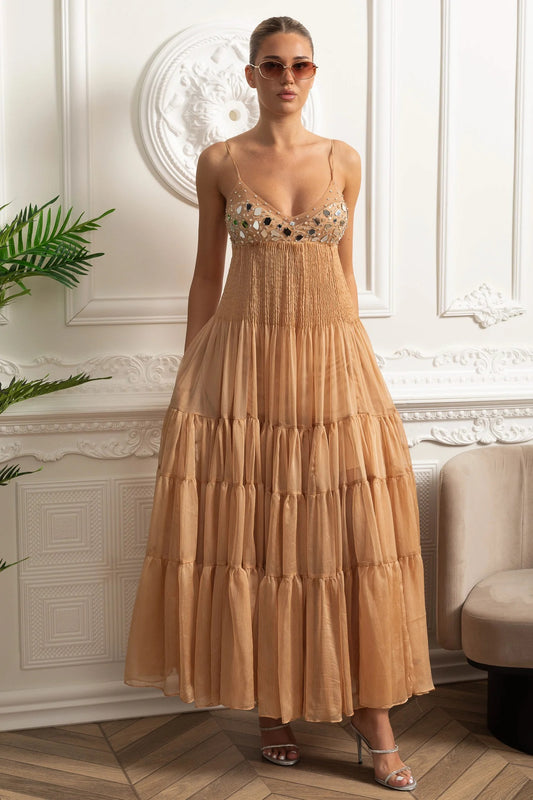 Embellished Tiered Maxi Dress With Sheer Bodice - Beige